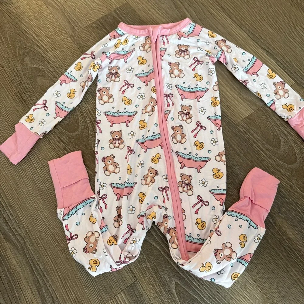 NWOT CADEN LANE Bamboo Viscose Pink Bathtime Besties Convertible Romper 12-18m